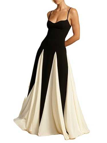 Fiacafyo Elegant Color Block Evening Gown Dress Low Cut Sleeveless Patchwork Pleated Maxi Dress for Women High Waist A Line Flowy Swing Dress