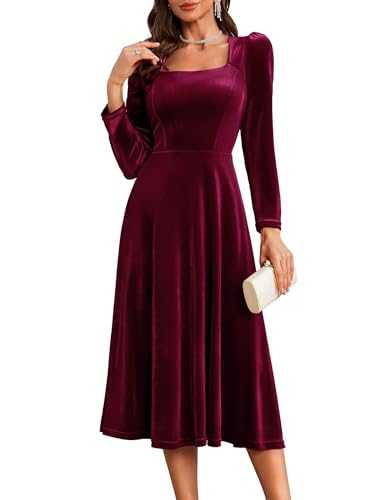 Berylove Dresses Women's Festive Long Sleeve Winter Dress Evening Dress Elegant for Wedding Midi Velvet Party Dress Prom Dresses Cocktail Dress