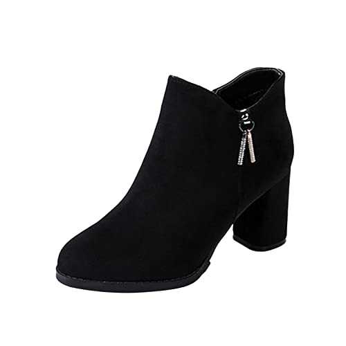 Women Ankle Boots Clearance Ladies Fashion Suede Coth Splicing Ribbon Back Strap Thick High Heel Side Zipper Short Boots Foot Brace Small