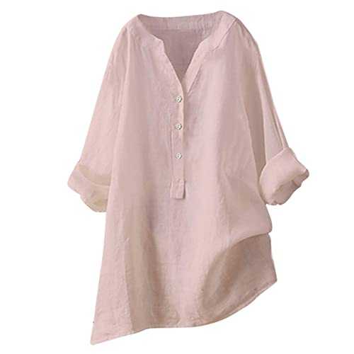 Womens Long Cotton Linen Blouse Shirts Button Down Long Sleeve Collared Casual Work Plain Tops Longline Shirt Plus Size Summer Beach Cover Pullover Tunic Tops UK Sale Clearance