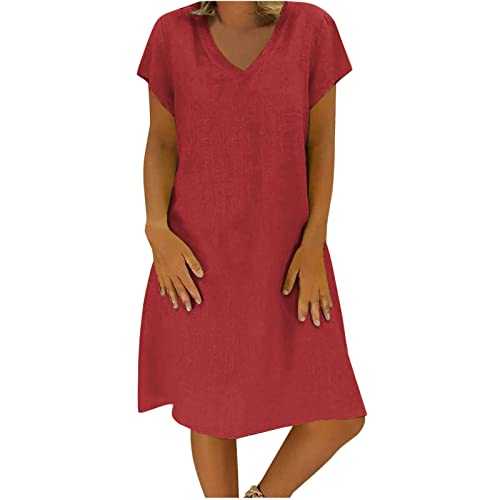 Alwyeans Ladies Dress Women UK Casual Short Sleeves V Neck Midi Dress Solid Color Plain Oversized Loose Baggy Lightweight Cotton Linen Elegant Dress Summer Beach Office Work Dress