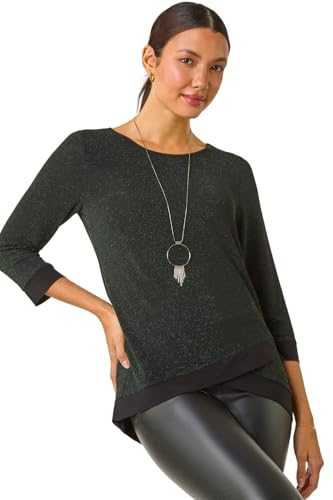 Roman Originals Women Shimmer Top with Necklace - Ladies Glitter Metallised Fibre Stretch Jersey Crossover Wrap Dipped Hem Evening Party Blouse
