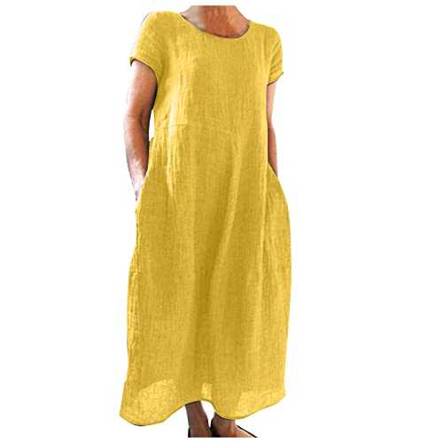Womens Summer Dresses with Pockets Casual Loose Cotton Linen Solid Color Short Sleeve Crewneck A-Line Maxi Dress Ladies Dresses for Wedding Guests