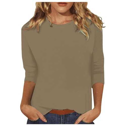 3/4 Length Sleeve Womens Tops Casual Loose Fit Crewneck T Shirts Cute Solid Three Quarter Length Tunic Tops Long Shirts Short Sleeve