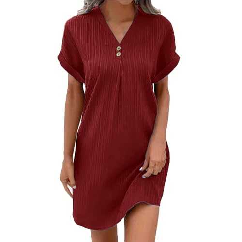 akwuiopt T Shirt Dresses for Women, Linen Dress Short Sleeve Beach Dresses V Neck Buttons Casual Mini Dress Solid Color Work Sundress Knee Length Beach Cover Ups ​Party Sundresses for Daily Holiday