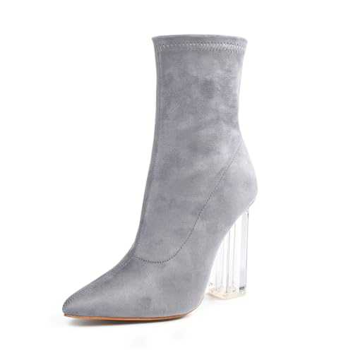 getmorebeauty Women's Ankle Boots Knit Sock Booties Clear High Heel Pointed Toe Slip On Stretch Booties for Autumn Winter