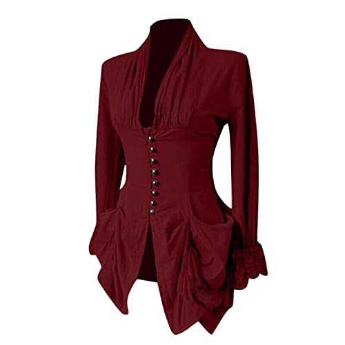 AMhomely Women Vintage Steampunk Shirt Coat High-Low Hem V-Neck Long Puff Sleeve Button Up Tailcoat Blazer Outwear Victorian Retro Sweatshirts Shirt Tops Sale Elegant Office Shirts UK