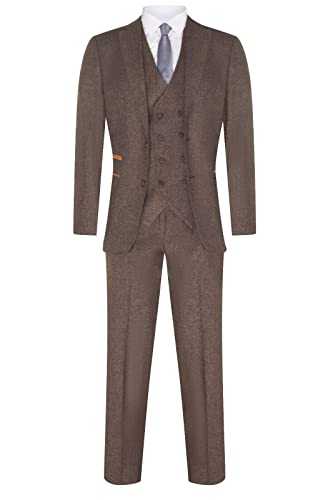 Mens Oak Brown 3 Piece, 2 Button Herringbone Tweed Wool Mix Suit Peaky Slim Fit Jacket with Double Breast Waistcoat