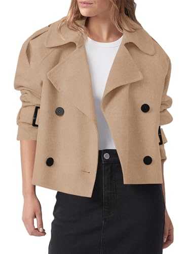 Cicy Bell Womens Cropped Trench Coat Double Breasted Notched Lapel Pea Coats Wool Blend Jacket Outerwear
