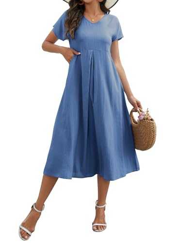 Sommerkleid Damen Leinenkleid V-Ausschnitt Leinen Kleider Große Größen Strandkleid Sommer Casual Freizeitkleid Kurzarm A-Linie Kleid mit Taschen