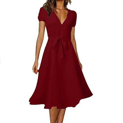 Women Dresses Summer Casual Short Sleeve Midi Dress Polka Dot Print V Neck Dresses Ruffle Hem Swing Beach Dress Elegant Loose Fit A-Line Boho Sundress Lightweight Flowy Dress