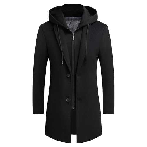 Gsywaipei Men's Long Hooded Pea Coat Winter Single Breasted Business Trench Coats Cotton Casual Woollen Overcoat