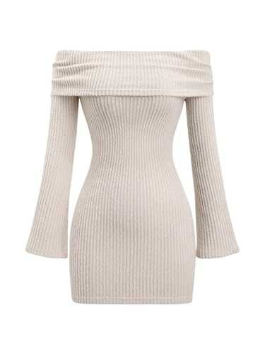 GORGLITTER Women's Off Shoulder Ribbed Fold Over Dress Bell Long Sleeve Bodycon Pencil Mini Dresses