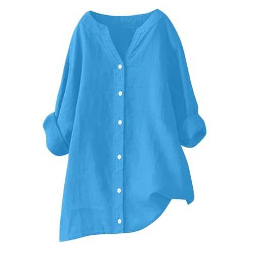 Plus Size Elegant Tops for Women Casual Loose Solid Color Cotton Linen Blouse & Shirts Ladies 2024 Summer Long Sleeve V Neck Button Longline T-Shirt