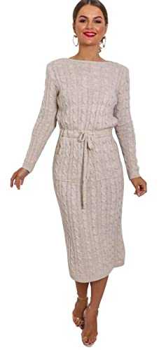 Women Ladies Cable Knitted Side Pocket Long Sleeve Tie Up Midi Party Jumper Dress