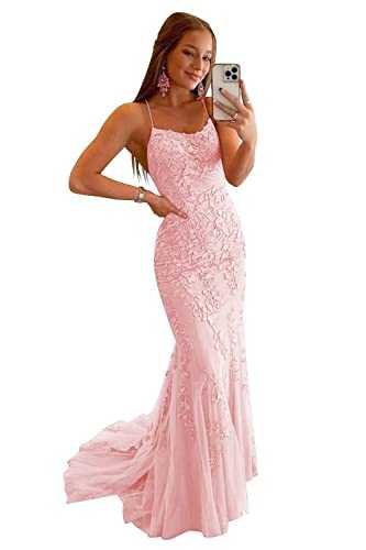 Spaghetti Strap Mermaid Prom Dresses for Teens Lace Applique Backless Evening Gowns Long Sweet Tulle Formal Party Dresses