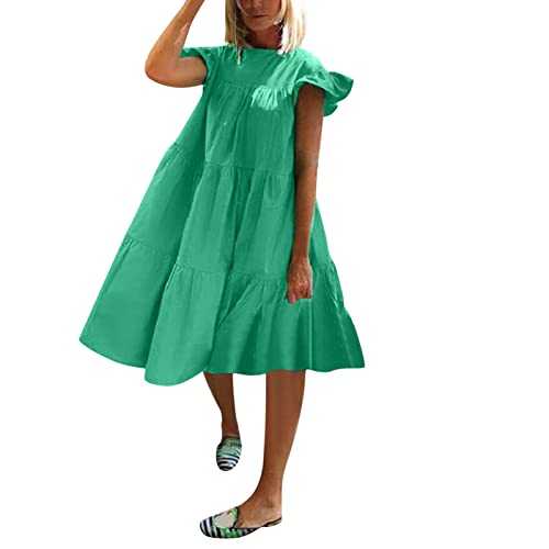 Summer Midi Dresses for Women UK Casual Short Sleeve A Line Elegant Round Neck Smock Floaty Beach Sundress Holiday