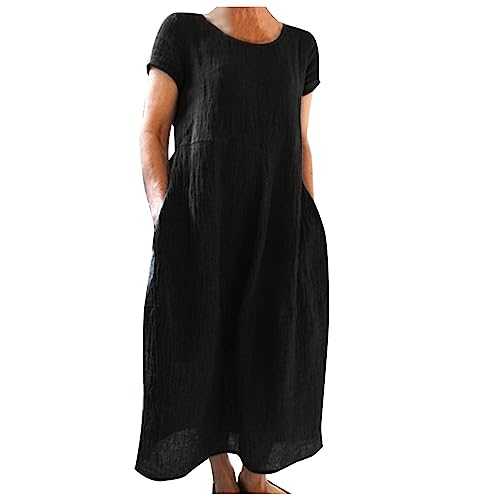 OUMSHBI Linen Dresses for Women UK with Pockets Casual Crewneck Short Sleeve Summer Maxi Dress Solid Color Holiday Beach Boho Sundress Loose Plus Size Flowy Swing Womens Dresses