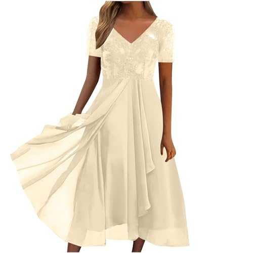 KUIH Women Maxi Dresses Summer Cocktail Dress Prom V-Neck Party Dresses Loose Flowy Dress Sale Clearance Short Sleeve V-Neck Casual Dress Wedding Guest Dress Occasion Dresses Holiday Vacation