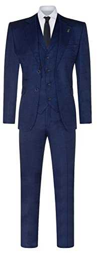 Mens Classic Navy Blue 3 Piece, 2 Button Single Breast Wool Mix Herringbone Tailored Suit Peaky Slim Fit