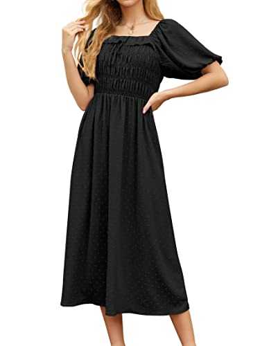 GRECERELLE Womens Summer Casual Midi Maxi Dress Square Neck Half Sleeve Ruffled Backless Smocked Elastic Waist Swiss Dot Cocktail Long Dresses for Ladies