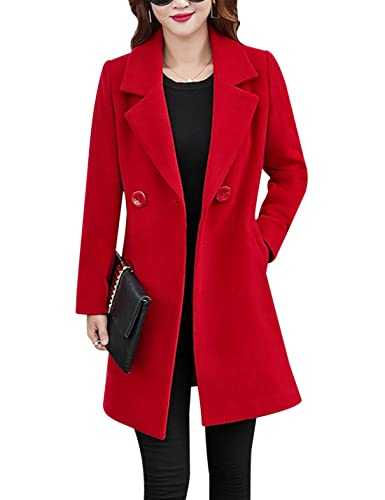 Tanming Womens Elegant Notched Collar Button Wool Blend Solid Long Pea Coat Overcoat