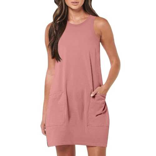 Skang Summer Dresses for Women UK Casual Loose Dresses Tunic Dress with Pockets Midi Dresses Solid Color Sleeveless Fashion Ladies U Neck Dress Women's Sundress Vacation Daily Party Dresses