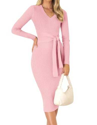 ZESICA Women's 2023 Fall Sweater Dress V Neck Long Sleeve Ribbed Knit Tie Waist Slim Fit Bodycon Midi Dresses