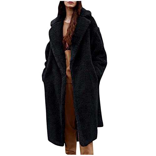 Yolimok Long Black Faux Fur Coat Women Teddy Fleece Overcoat Soft Comfortable Sherpa Plush Open Front Cardigan Winer Warm Windproof Plus Size Loose Ladies Elegant Coats