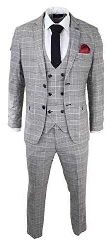 Mens Marc Darcy Grey Prince of Wales Check Suit Ross Office Wedding Slim Fit Classic