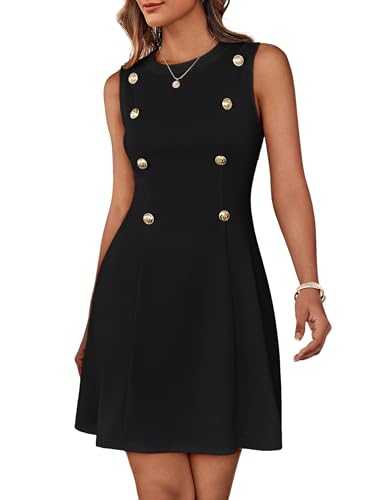 GRACE KARIN Women's Round Neck Sleeveless Knee Dress Summer Elasticity Dress with Decorative Metal Buttons
