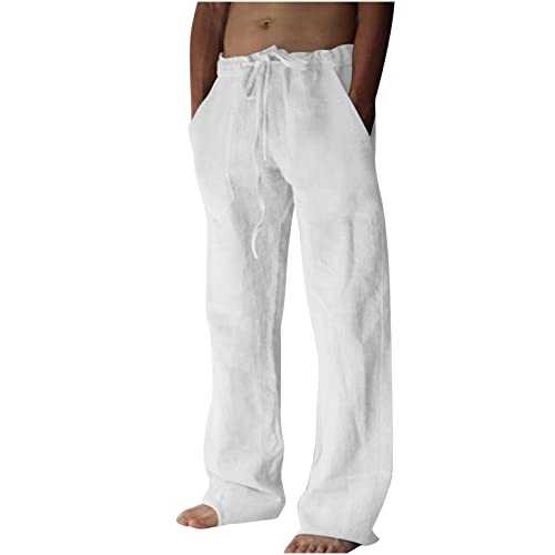 Mens Linen Trousers Loose Fit 3XL Mens Elastic Waist Casual Lounge Pajama Jogger Yoga Pants Cotton Breathable Comfortable Soft Beach Trousers Full Length Pants Holiday Clothing for Men UK