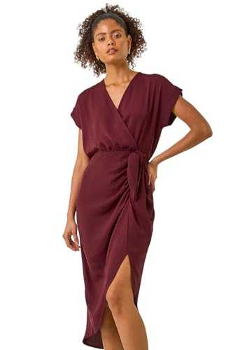 Roman Originals Plain Wrap Tie Detail Dress for Women UK - Ladies Everyday Holiday Spring Summer V-Neckline Comfy Soft Evening Vacation Work Party
