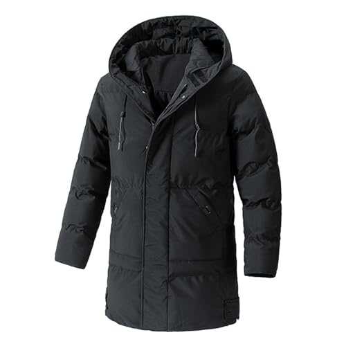 Generisch Quilted Coat Men's Long Winter Coat with Hood Long Quilted Jacket with Drawstring Winter Parka Thick Anorak Windproof Winter Jacket Loose Fit Coat Plain Men's Jacket Warm