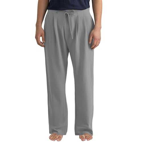 Mens Linen Trousers Cotton Drawstring Pants Elastic Waist Lightweight Wide Leg Pants Loose Fit Casual Jogger Yoga Beach Pant Baggy Breathable Suit Trousers