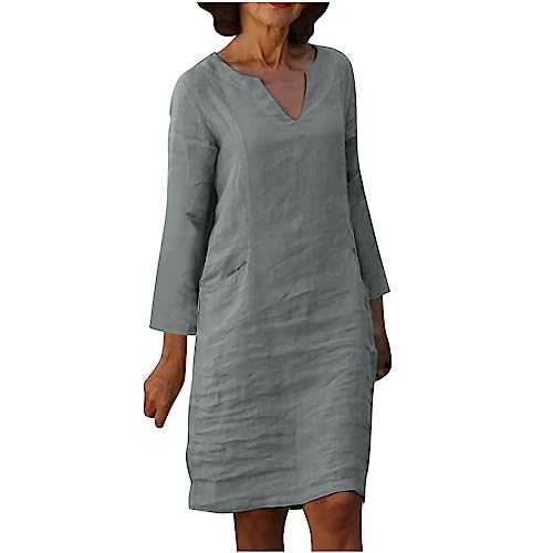 AMhomely Summer Dresses for Women UK Casual V Neck Loose Long Sleeve Beach Sundress Ladies Bohemian Plain Dress Floaty A Line Daily Dress Bridesmaid Dresses