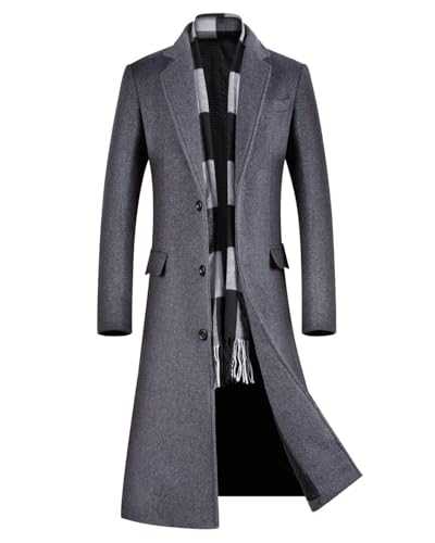 ebossy Men's Wool Blend Full Length Overcoat Single Breasted Long Coat with Flap Pocket