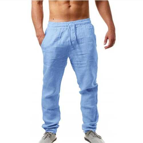 Mens Linen Trousers Cotton Jogging Bottoms | Elastic Beach Pants Comfortable Lightweight Pants | Loose Fit Drawstring Trousers Casual Yoga Pants | Baggy Pants with Pockets Straight