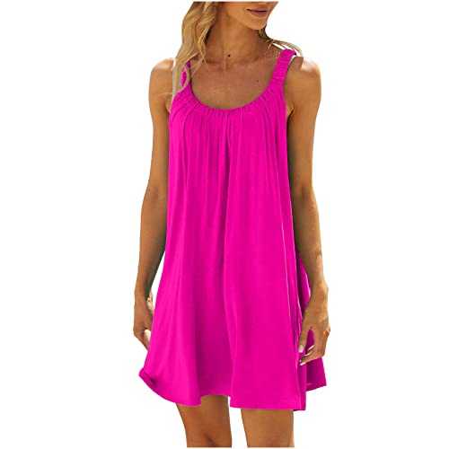 AMhomely Summer Dresses for Women UK - Women's Beach Dress Bikini Beachwear Cover Ups Casual Vacation Short Summer Tank Dress Crewneck Tshirt Sundress Loose Swing Flowy Dress Mini Dress