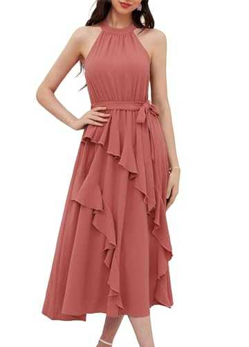 GRACE KARIN Women’s Casual Halter Neck Flowy Dress Tiered Swing Ruffle A-Line Maxi Summer Dresses with Removable Belt