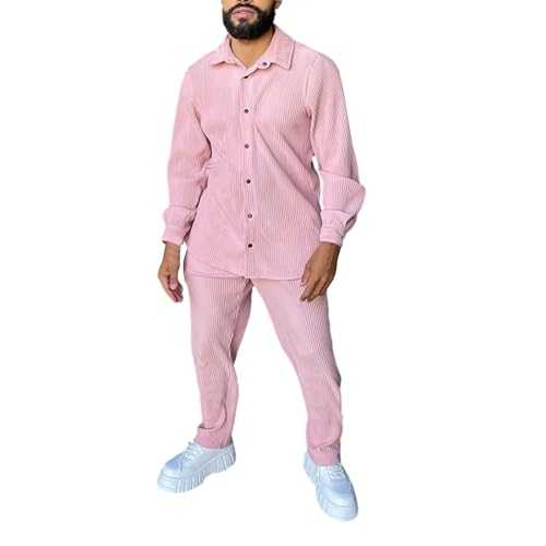 YBWZH Men's Spring and Autumn Corduroy Breathable Wrinkle Two Breathable Suit Roll Sleeve Shirt Pants Set Slim Fit Suit