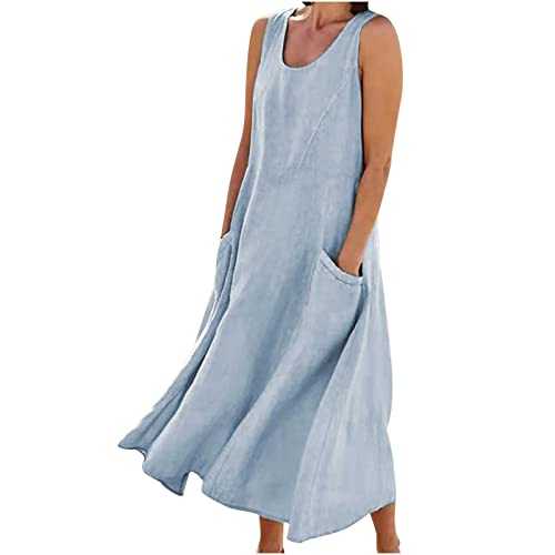 AMhomely Maxi Dresses for Women Spring Summer Cotton Linen Long Dresses Boho Casual Beach Flowy Tshirt Sundress Loose Sleeveless Tank Dress Oversized Hawaiian Beach Dress Outfits Dresses