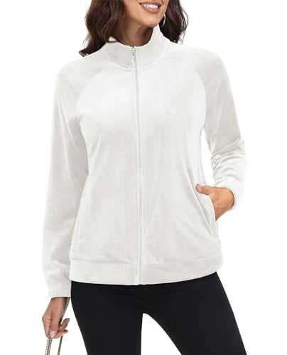 MAGCOMSEN Women's Velour Jackets Fleece Lightweight Full Zip Coat Winter Warm Ladies Sweatshirt With Zipper Pockets