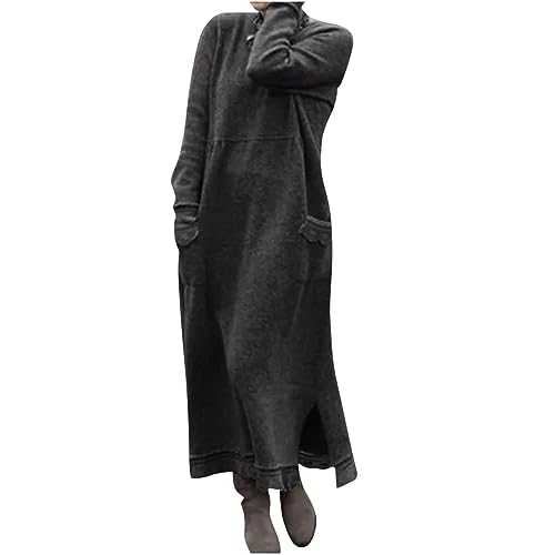 Dresses for Women UK Long Sleeve Maxi Dress Cotton Linen Plus Size Shirt Dresses for Women UK Solid Color Kaftan Dresses Autumn Dresses for Women UK with Full Butoons Ladies Dress Loose Women Dress