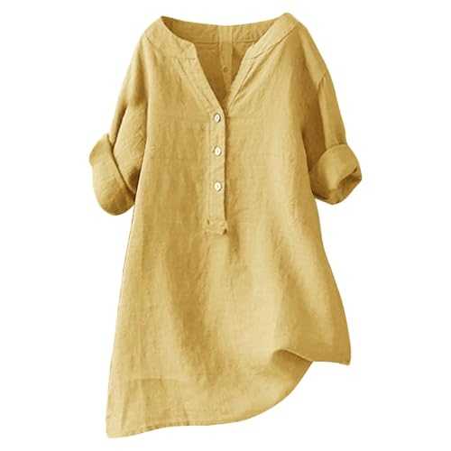 Uwdiohq Cotton and Linen Casual Blouse Tops for Women UK Womens Classic Short Sleeve V Neck Solid Simple Stylish T Shirts Ladies Loose Fit Button Leisure 2025 Summer Spring Tees Tunic