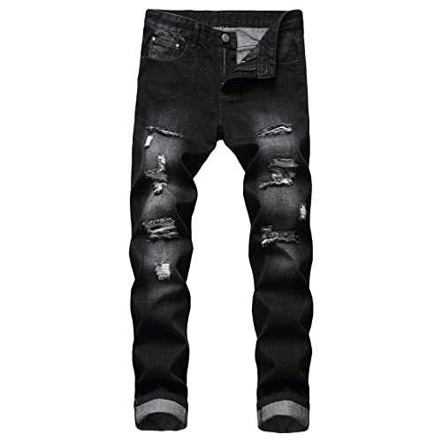 Men's Ripped Washed Slim Fit Jeans Straight Leg Hip Hop Denim Pants Vintage Distressed Skinny Jean Trousers