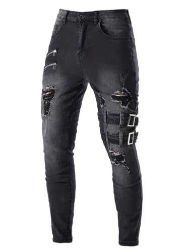 solo soplo Men's Skinny Zipper Biker Jeans, Ripped Stretch Distressed Men Pants Casual Street Style Fashion Jean