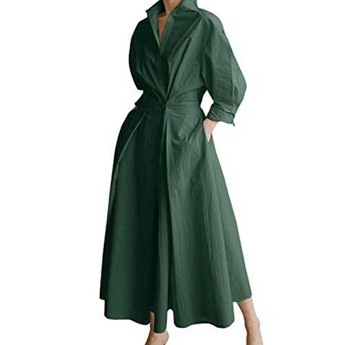 Women Maxi Shirt Dress Long Sleeve Button Smocked Waist Long Dress Loose Swing Party Dress with Pockets