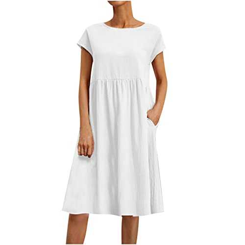 AMhomely Summer Dresses for Women UK Cotton and Linen Dresses Short Sleeve Tiered Dresses Solid Cap Sleeve Swing Dresses Crewneck Loose Beach Dress Elegant Casual Pullover Dress Pocket Holiday