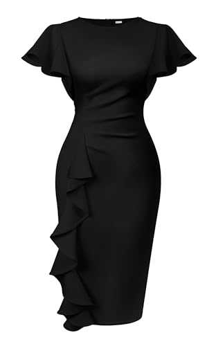 Memoriesea Women's Vintage Church Ruffle Sleeve Ruched Bodycon Work Midi Pencil Dress